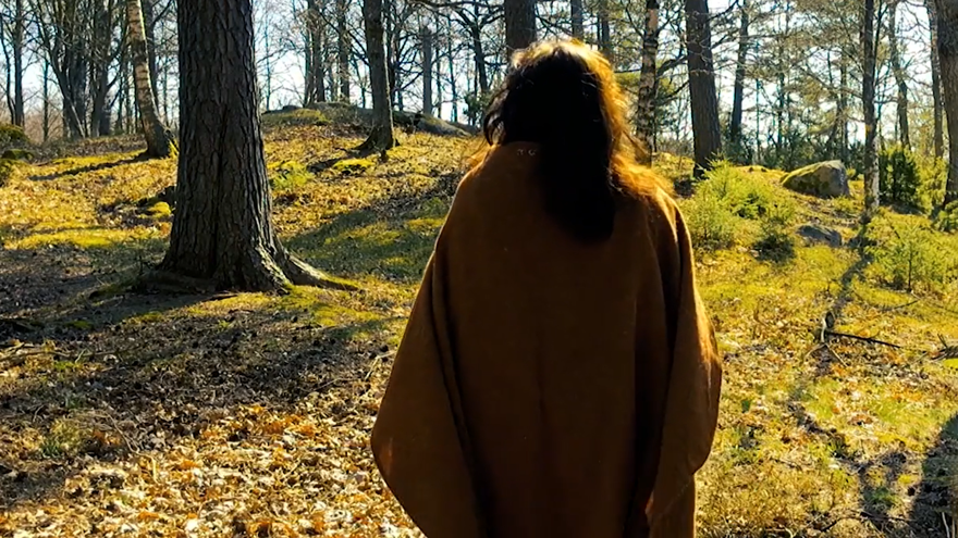 En kvinna med en brun mantel över axlarna syns bakifrån och hon ser ut över en skogsdunge, solen skiner.