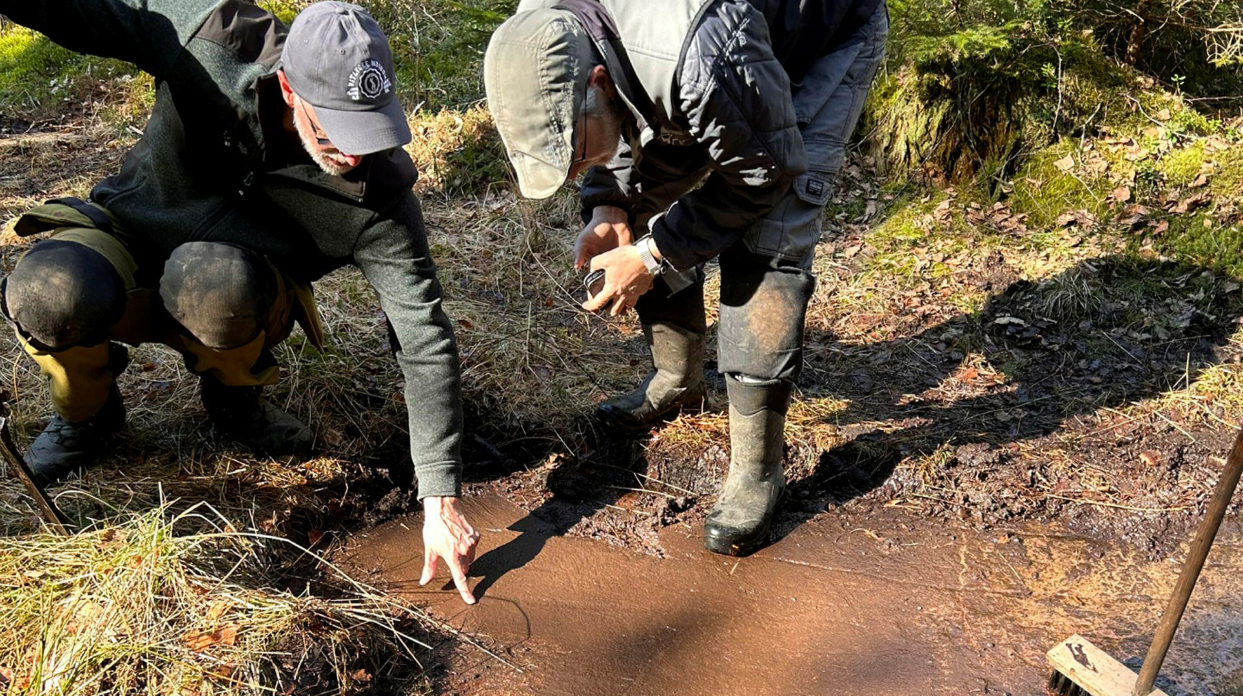 Två personer iklädda heltäckande kläder, keps och stövlar står nedböjda vid en häll i skogen. Den ena av dem pekar mot en hällristning.