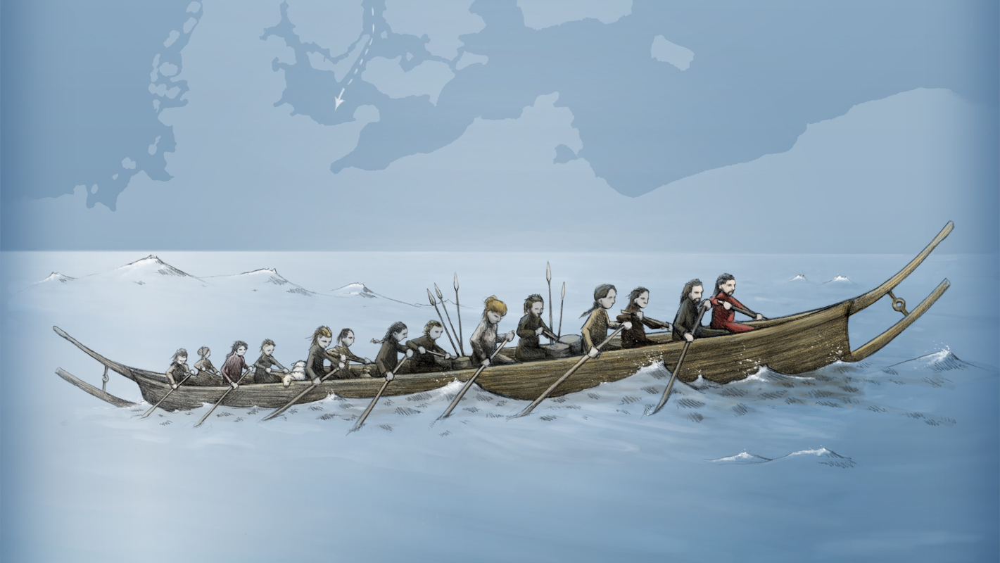 människor som ror en lång båt