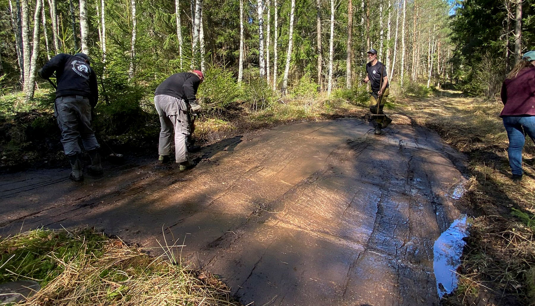 Fyra personer arbetar vid en upptäckt hällristning i Tanum.