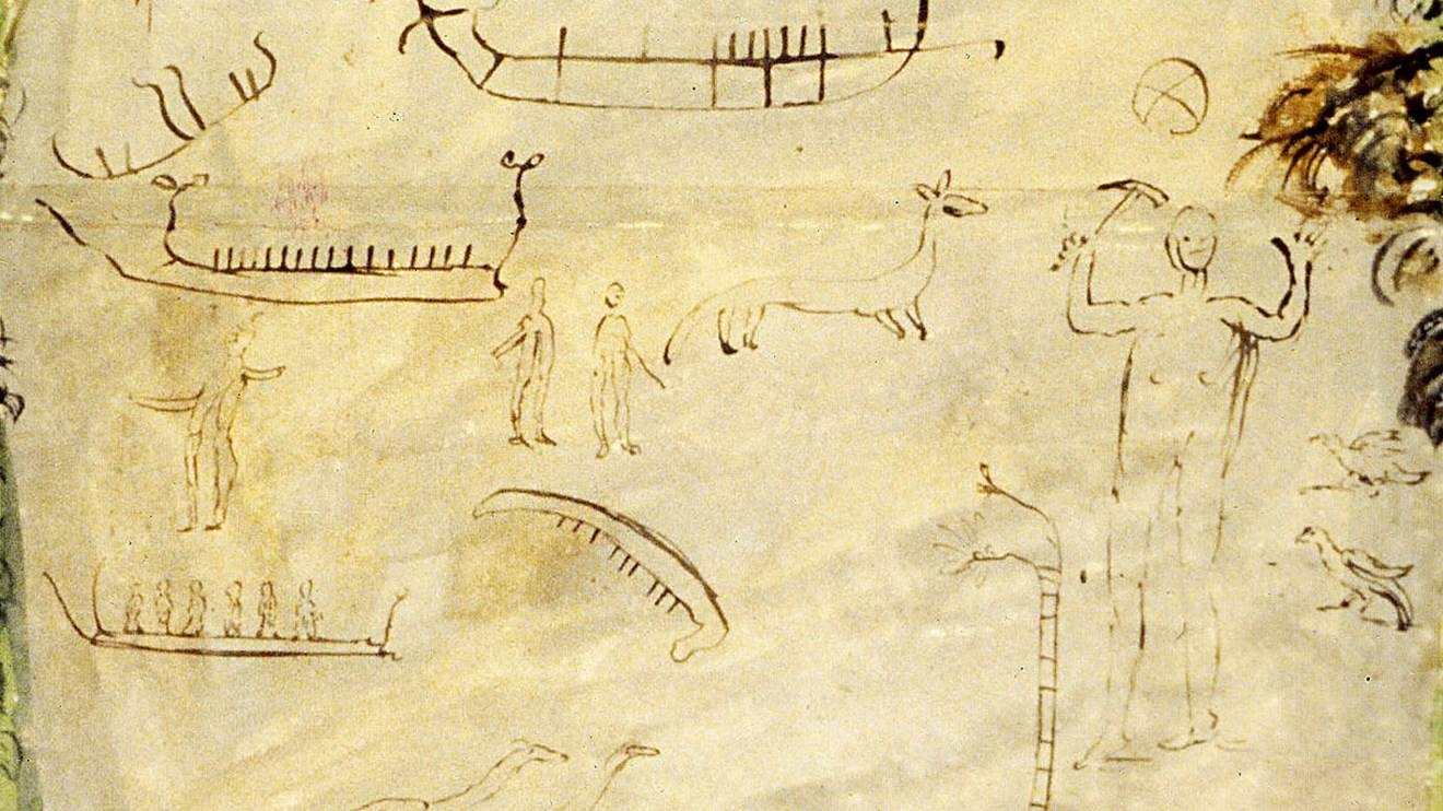 Detalj av Peder Alfsöns teckning med Skomakaren till höger. Källa: SHFA