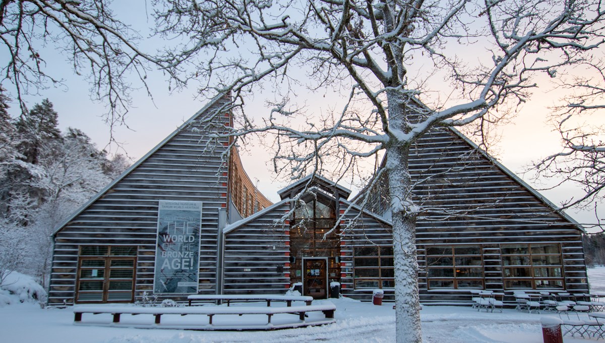 Vitlycke museum in the winter with snow.