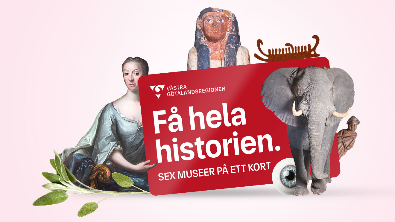 illustration på ett rött kort med elefant, mumie, hällristningsbåt, ögonglob