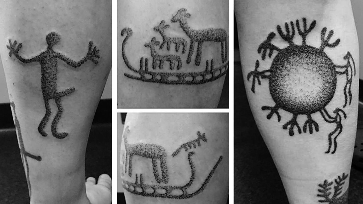 Pictures of tattoos with rock art motifs.